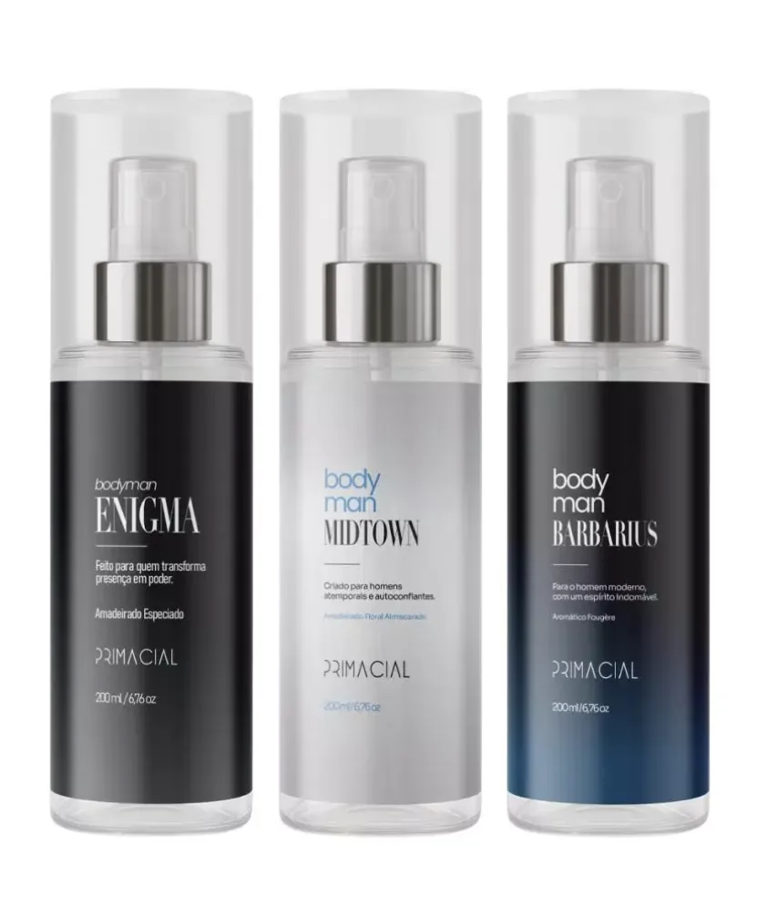 Kit BODYMAN com os três body splash: Enigma, Midtown e Barbarius, frascos de 200ml lado a lado